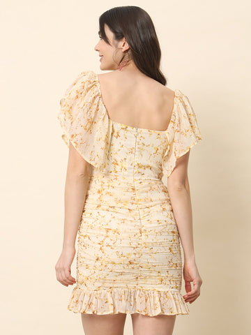 Cream Printed Off Shoulder Dress